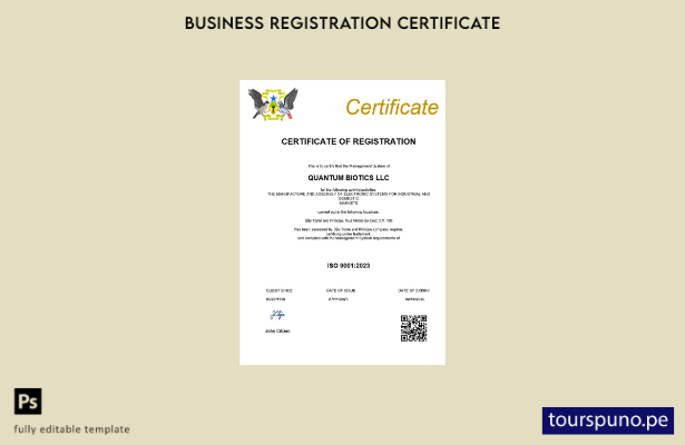 listo para imprimir certificado de registro empresarial de Santo Tomé y Príncipe